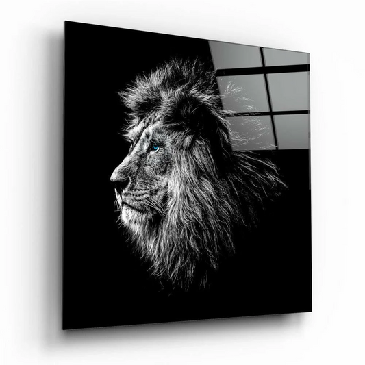 Majestic lion profile on black and white glass wall art