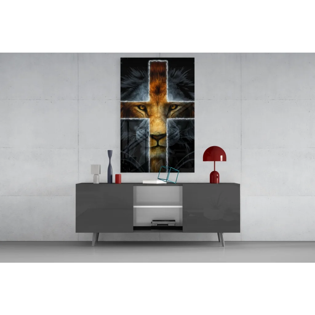 Majestic lion cross glass wall art with black-gold face and glow