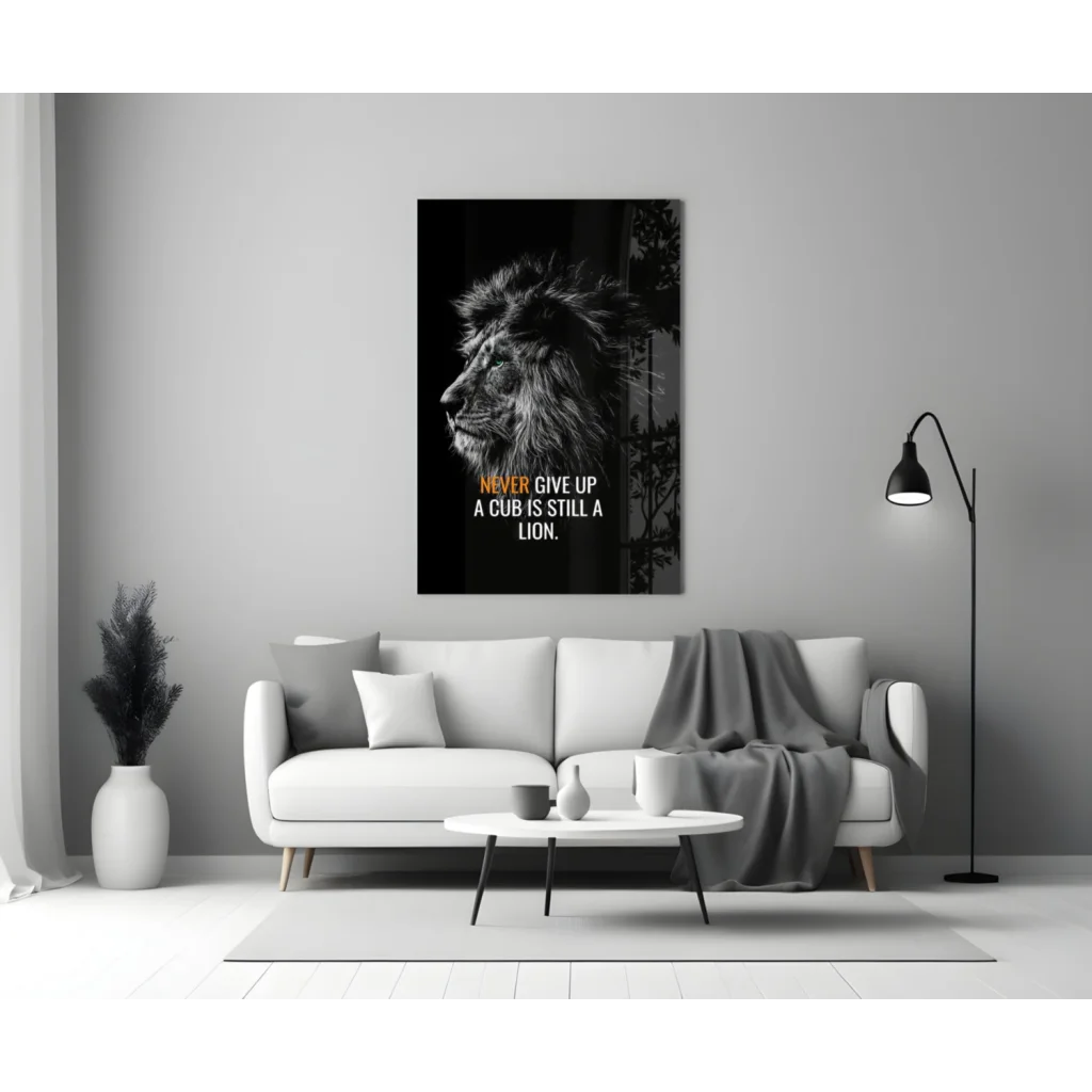 Black-and-white lion head canvas wall art with never give up quote