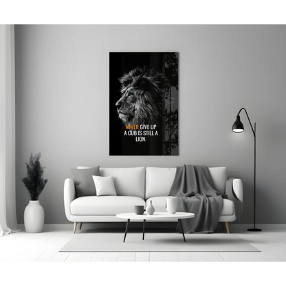 Black-and-white lion head canvas wall art with never give up quote