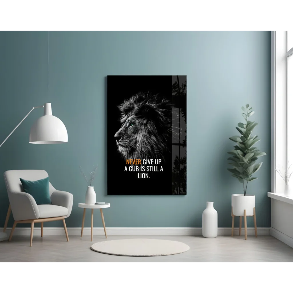 Motivational lion wall art canvas print with never give up quote