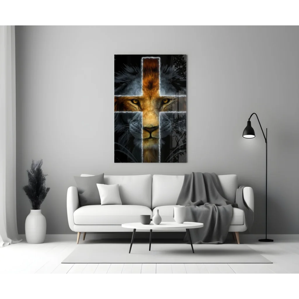 Majestic Lion Cross glass wall art with golden glow