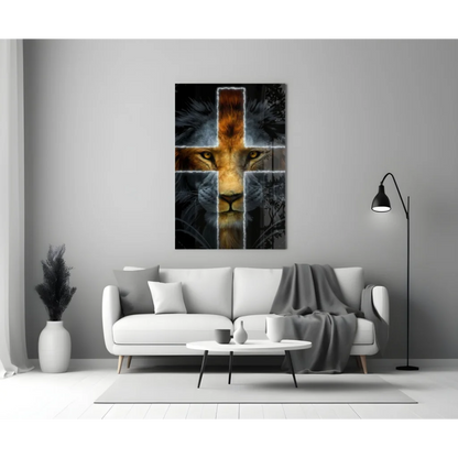 Majestic Lion Cross glass wall art with golden glow