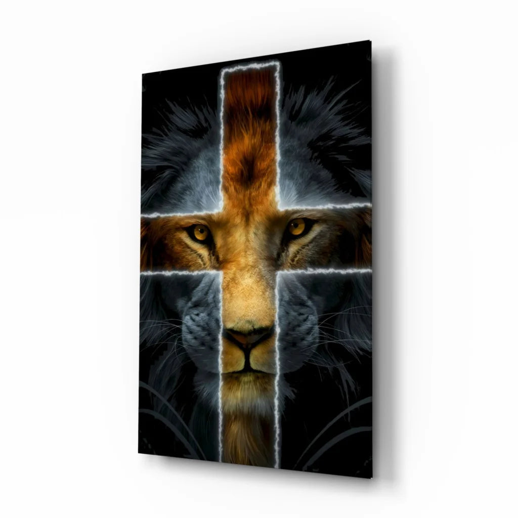 Majestic lion cross glass wall art with black-gold glow