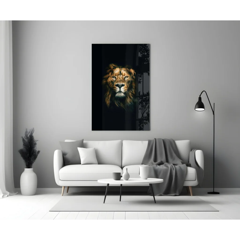 Majestic black-and-gold lion glass wall art on gray wall
