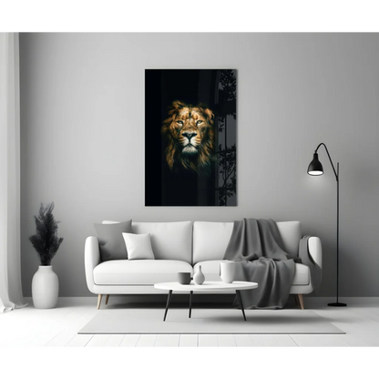 Majestic black-and-gold lion glass wall art on gray wall