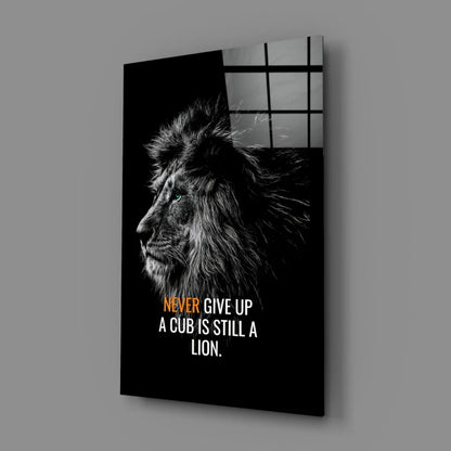 Black canvas wall art with lion portrait and never give up quote
