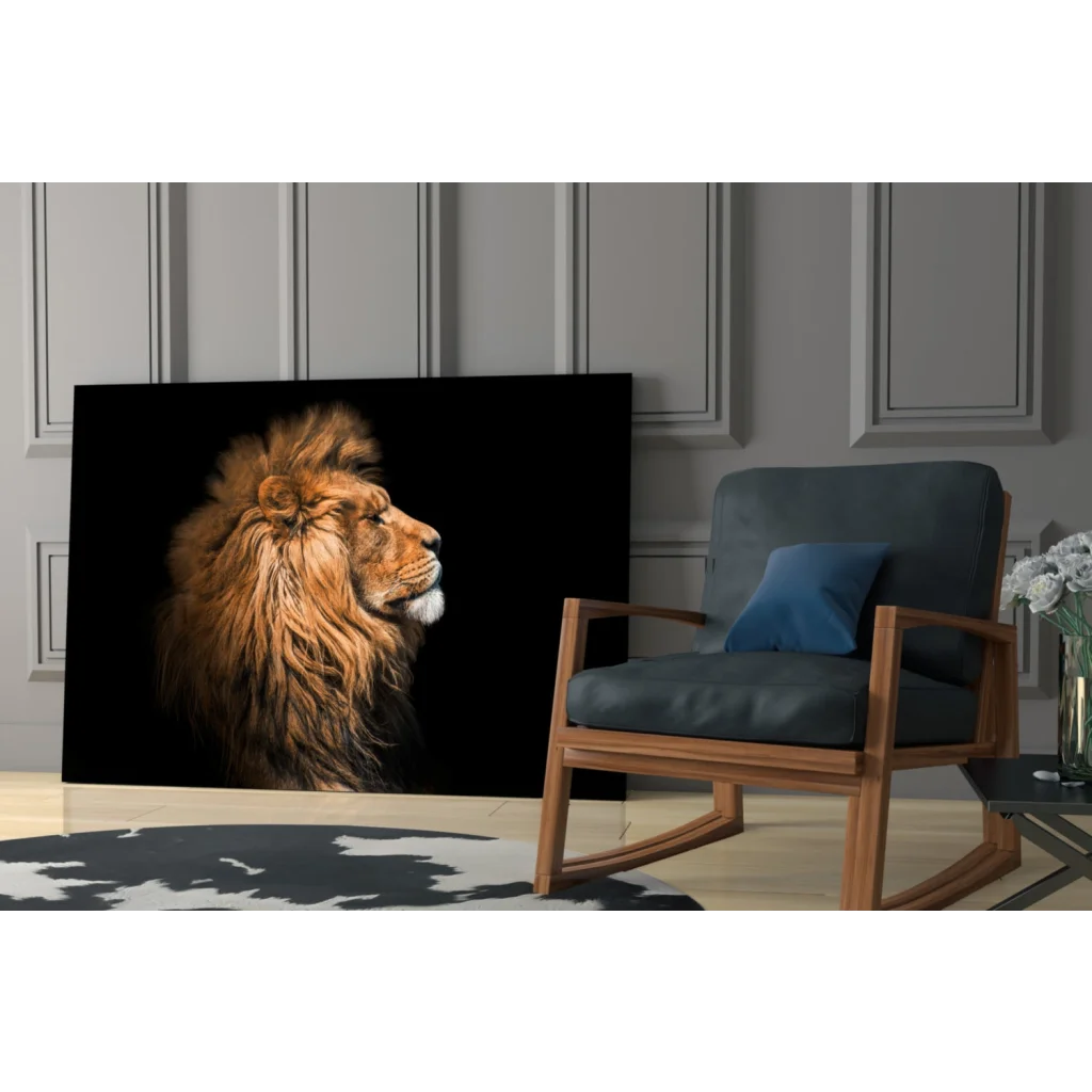 Majestic lion wall art canvas print with golden mane on black
