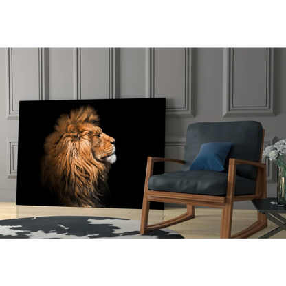 Majestic lion wall art canvas print with golden mane on black