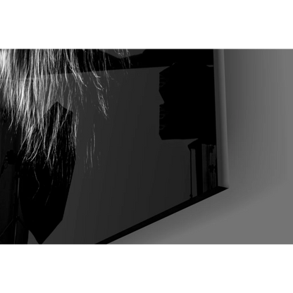 Fierce Lions glass wall art with glowing eyes in black and white studio setup