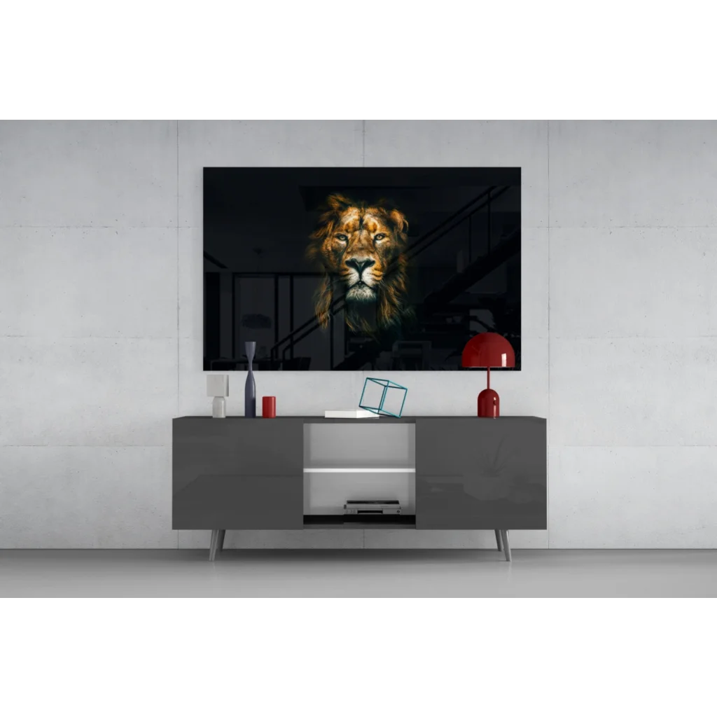 Majestic black-and-gold lion wall art canvas print on gray console