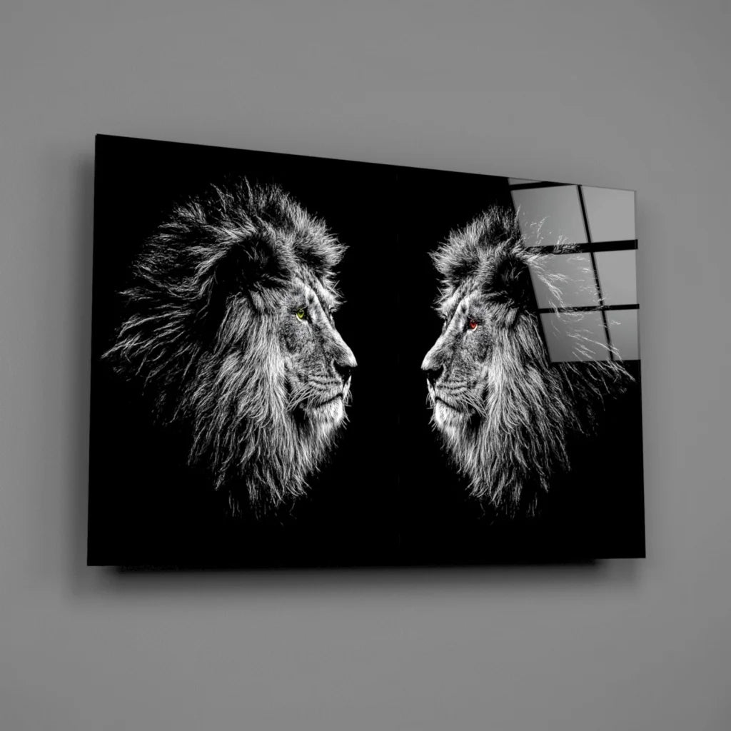 Fierce lions glass wall art with glowing green and red eyes