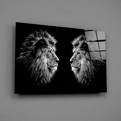 Fierce lions glass wall art with glowing green and red eyes