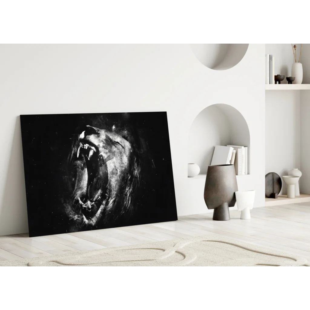 Dramatic black canvas wall art of roaring lion head