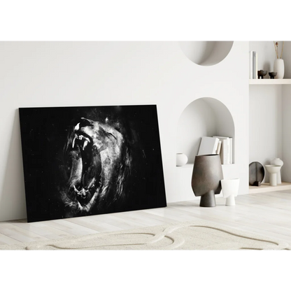 Dramatic black canvas wall art of roaring lion head