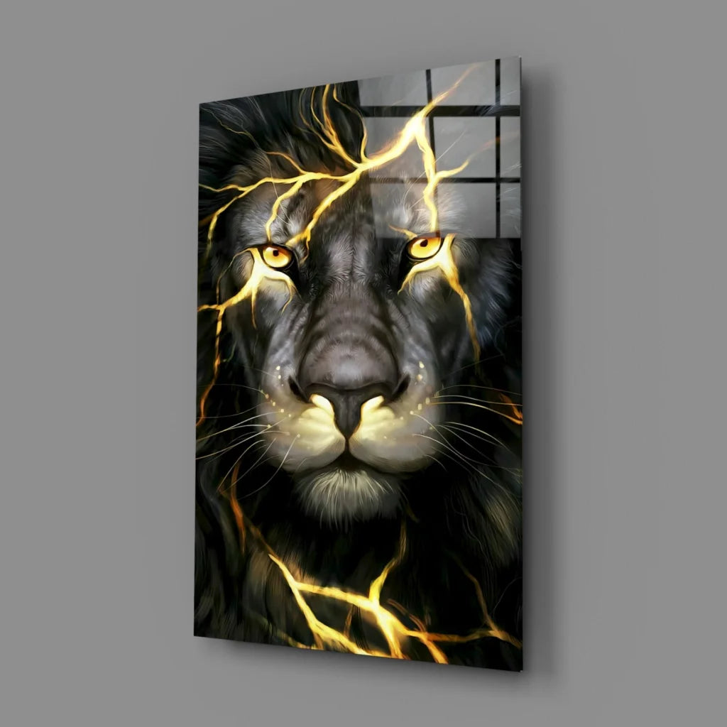 Striking black lion with golden lightning on glass wall art