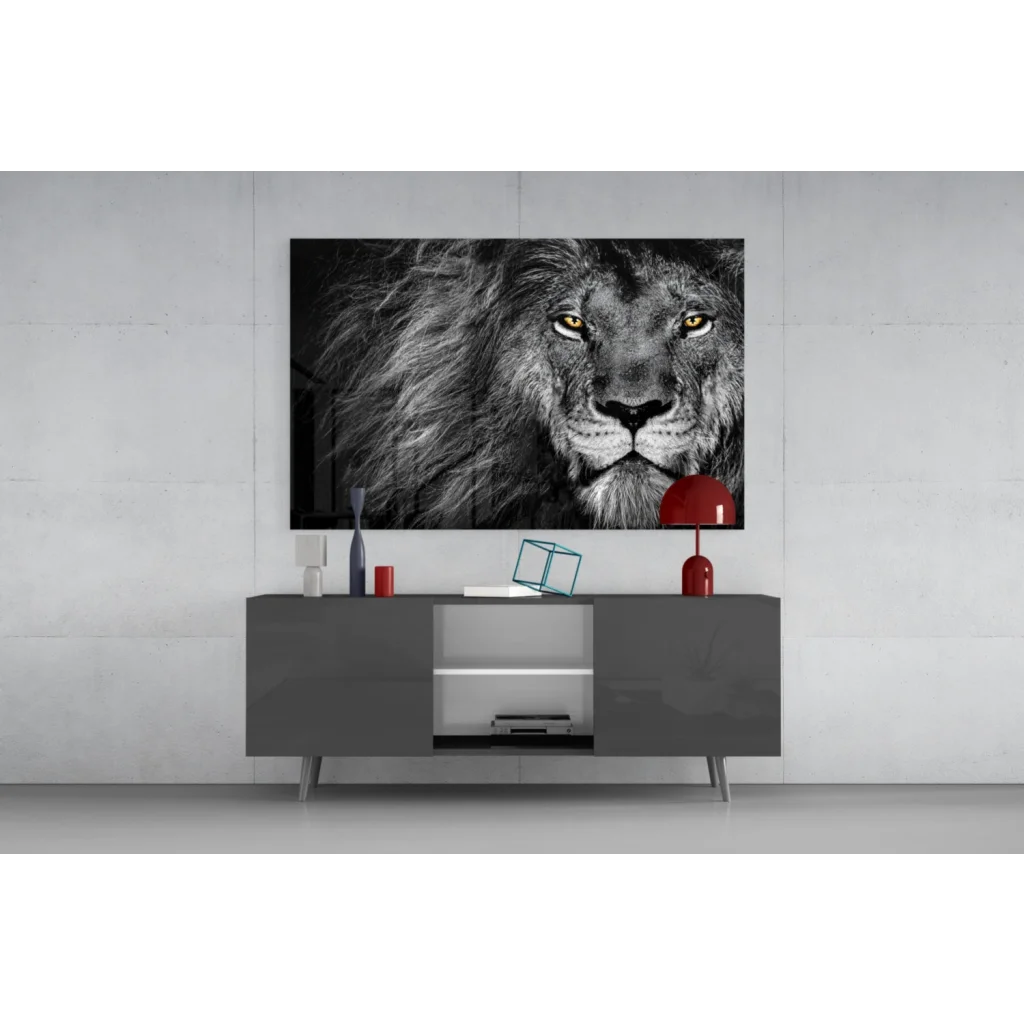 Majestic lion golden eyes black and white wall art print