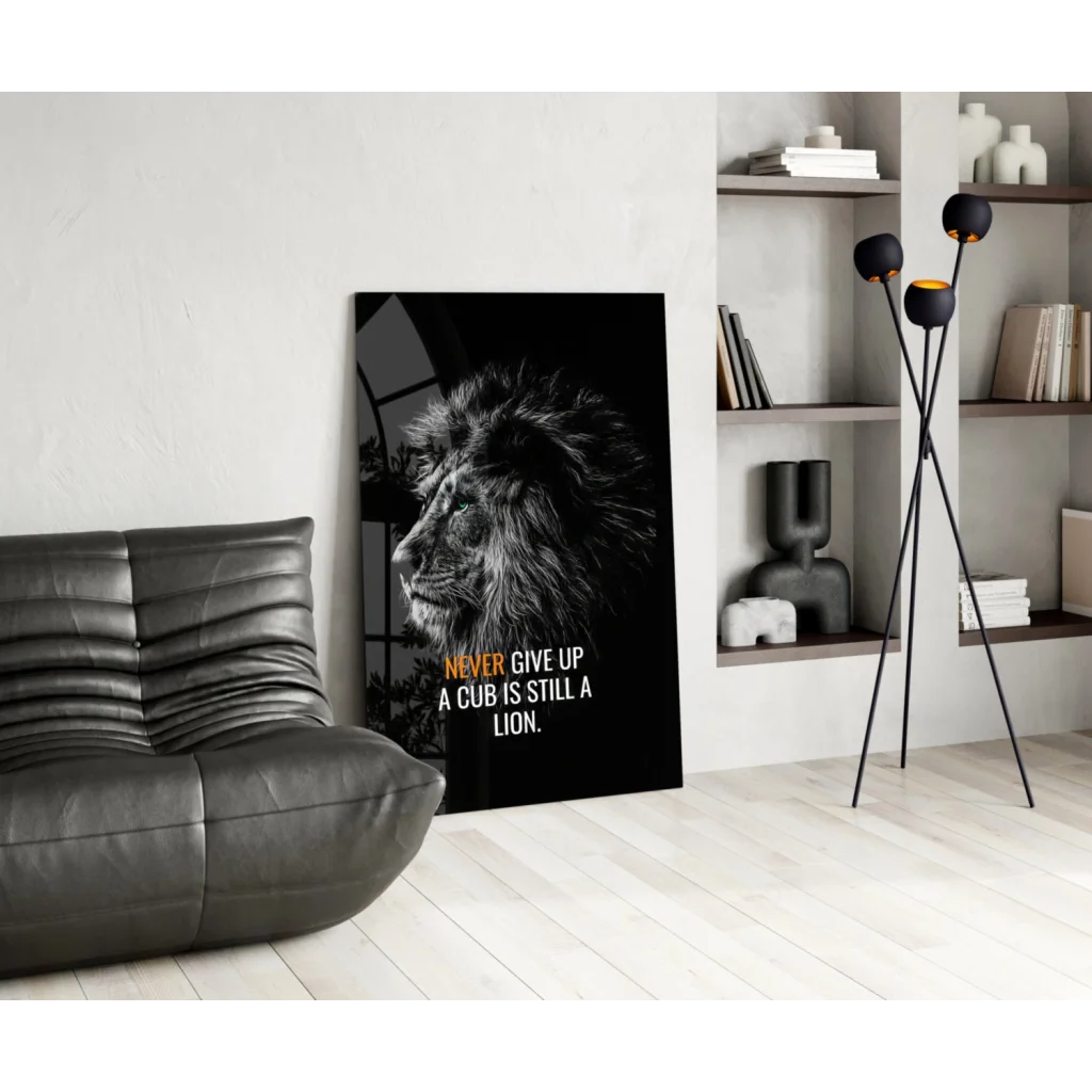 Black lion head canvas wall art print with never give up motivational quote