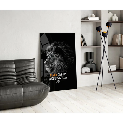 Black lion head canvas wall art print with never give up motivational quote