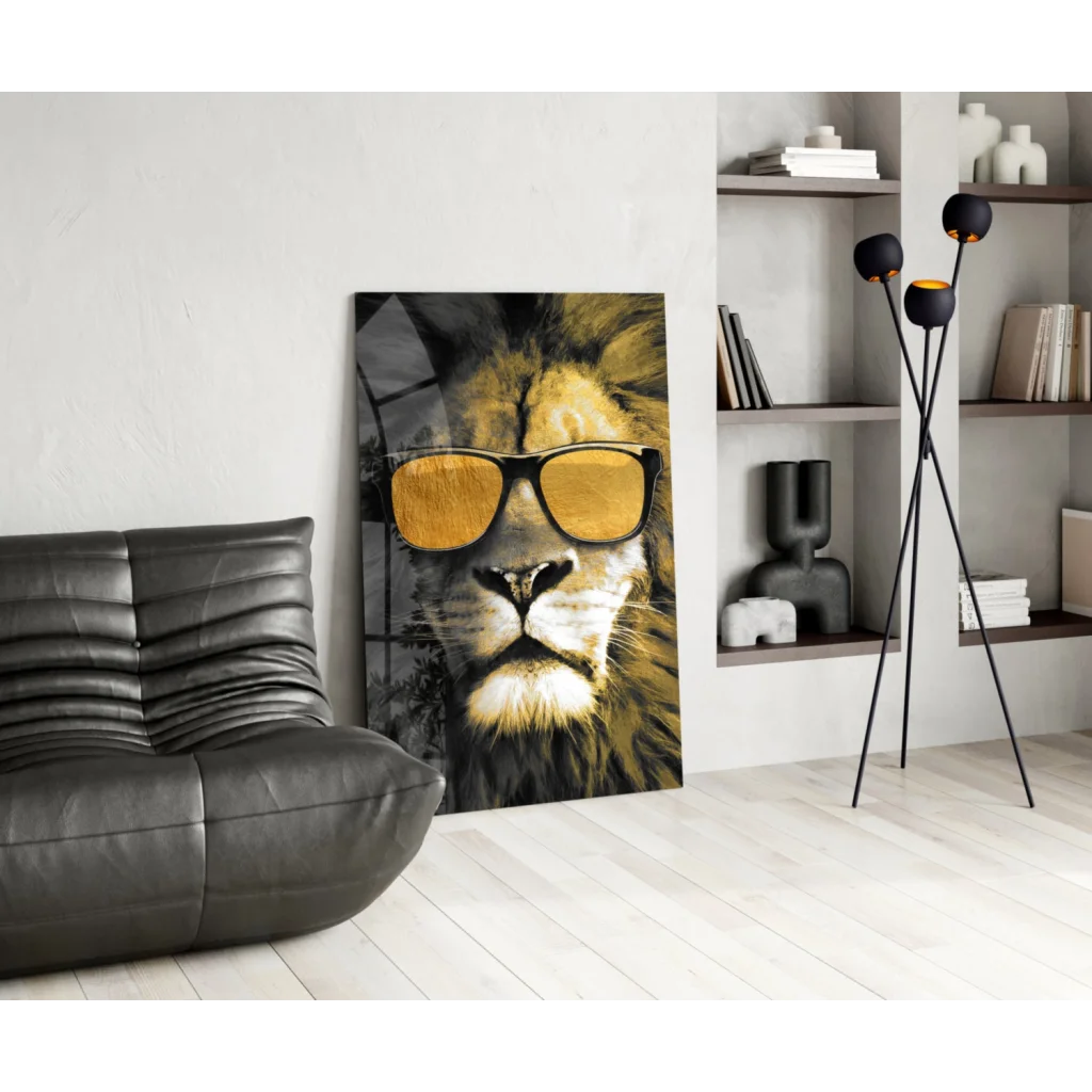 Golden lion in sunglasses glass wall art print for home decor
