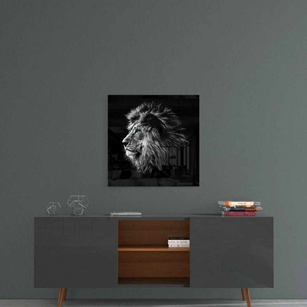 Majestic lion head profile in black-and-white glass wall art with sleek black frame