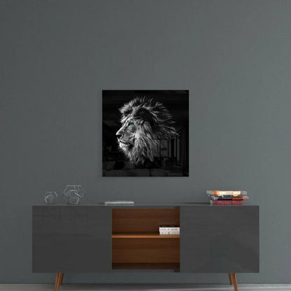 Majestic lion head profile in black-and-white glass wall art with sleek black frame