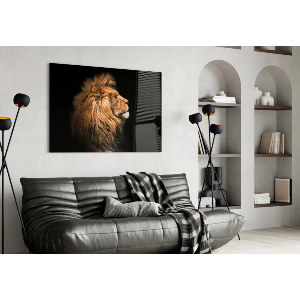 Majestic lion head canvas wall art with golden mane on black