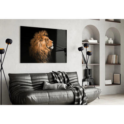 Majestic lion head canvas wall art with golden mane on black