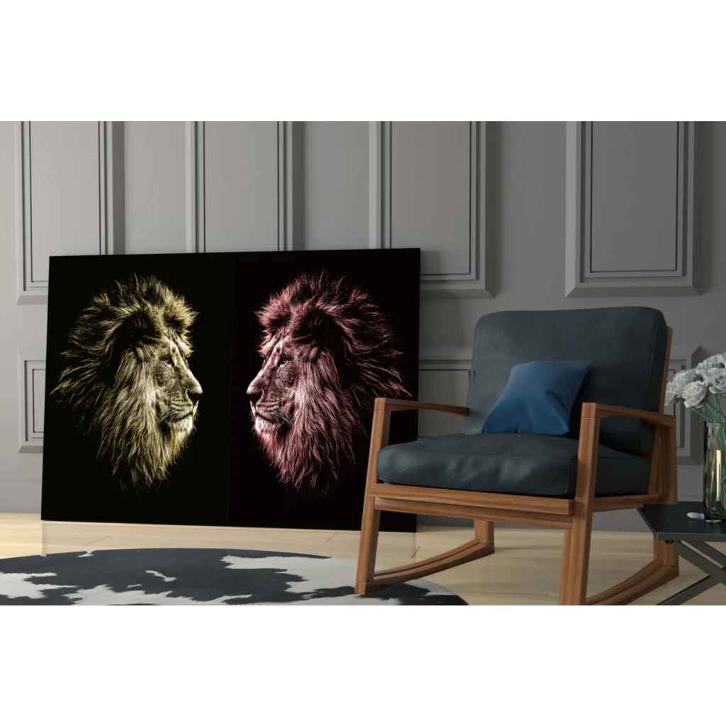 Stunning glass wall art with black canvas lions in gold and magenta
