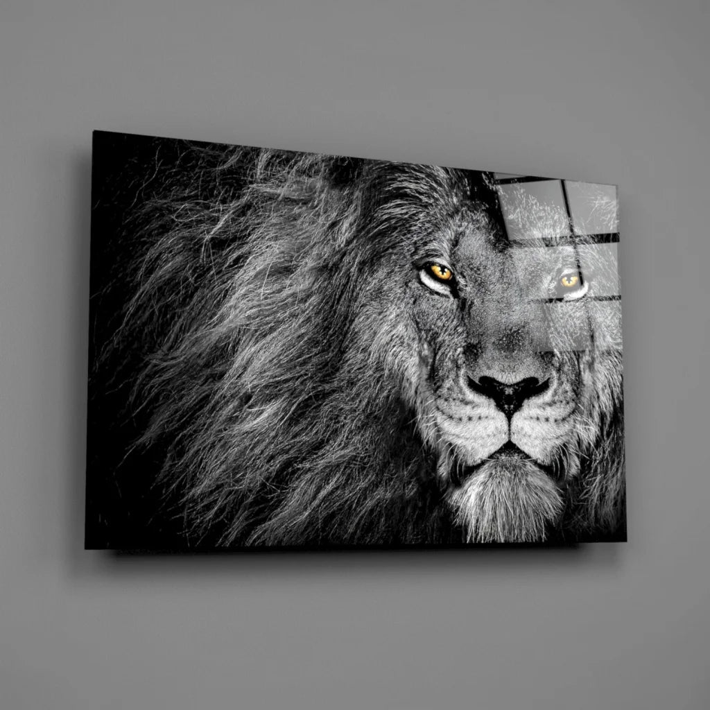 Majestic lion with golden eyes black and white canvas wall art