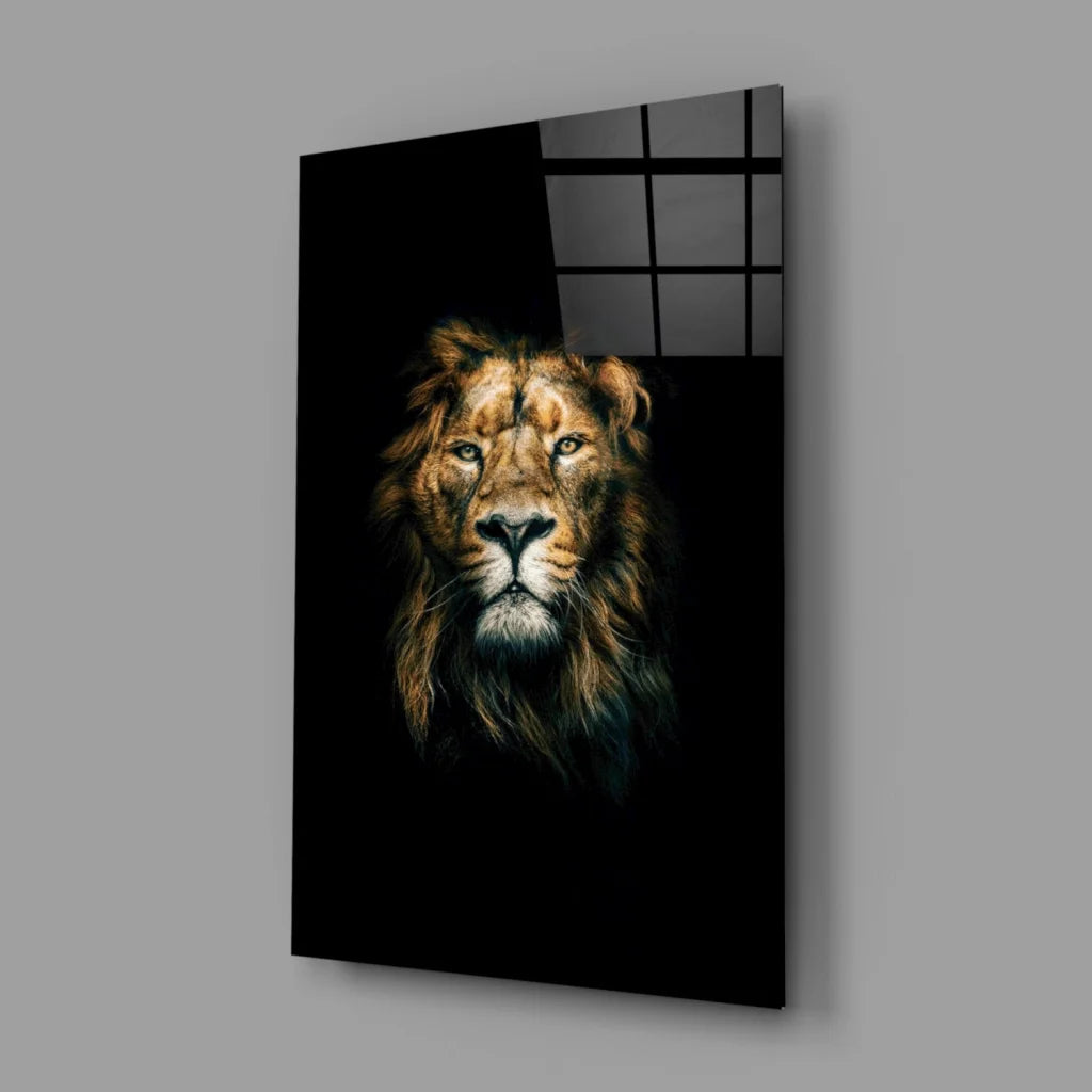 Majestic golden-brown lion glass wall art with piercing eyes