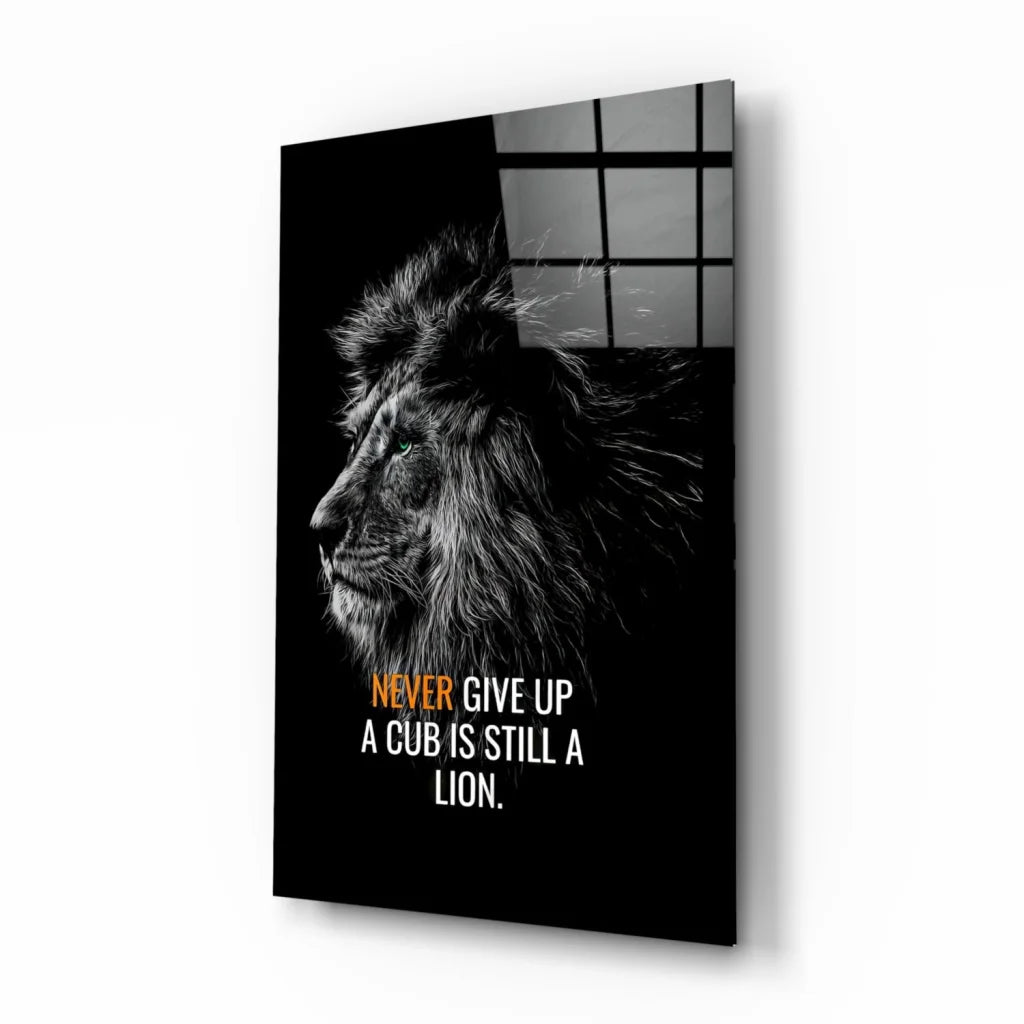 Black and white lion portrait canvas wall art with never give up quote