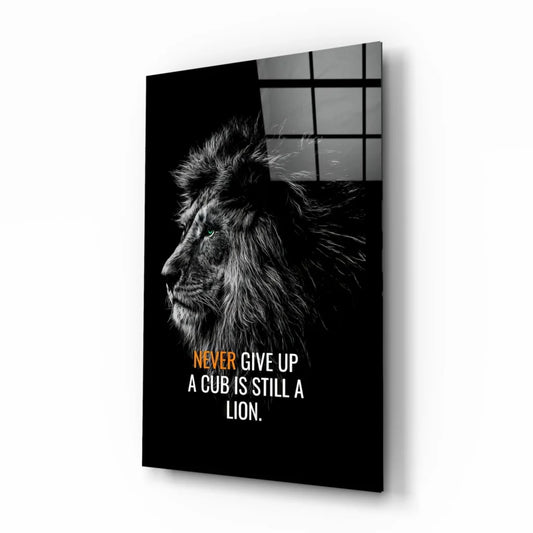 Black and white lion portrait canvas wall art with never give up quote