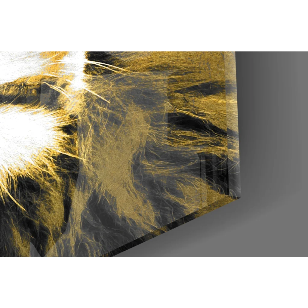 Sleek glass wall art print of golden black fur close-up with radiant highlights