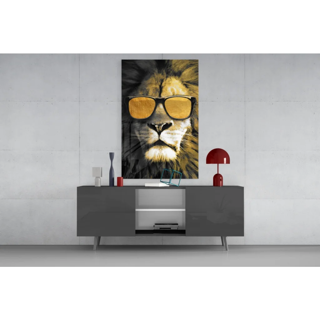 Stylish glass wall art print of lion in golden sunglasses