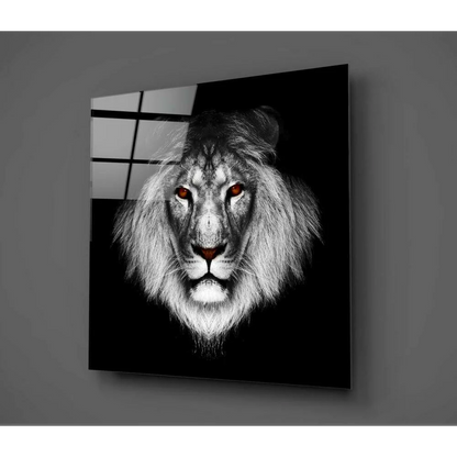 Fierce Lion Glass Wall Art with Glowing Orange Eyes | Glass Wall Art Print | vintageantiquesgifts.com