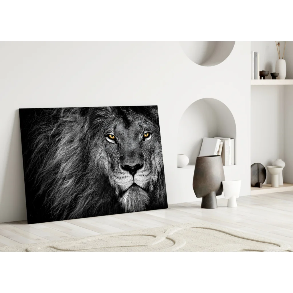 Majestic lion with golden eyes black and white wall art canvas print