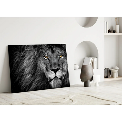 Majestic lion with golden eyes black and white wall art canvas print