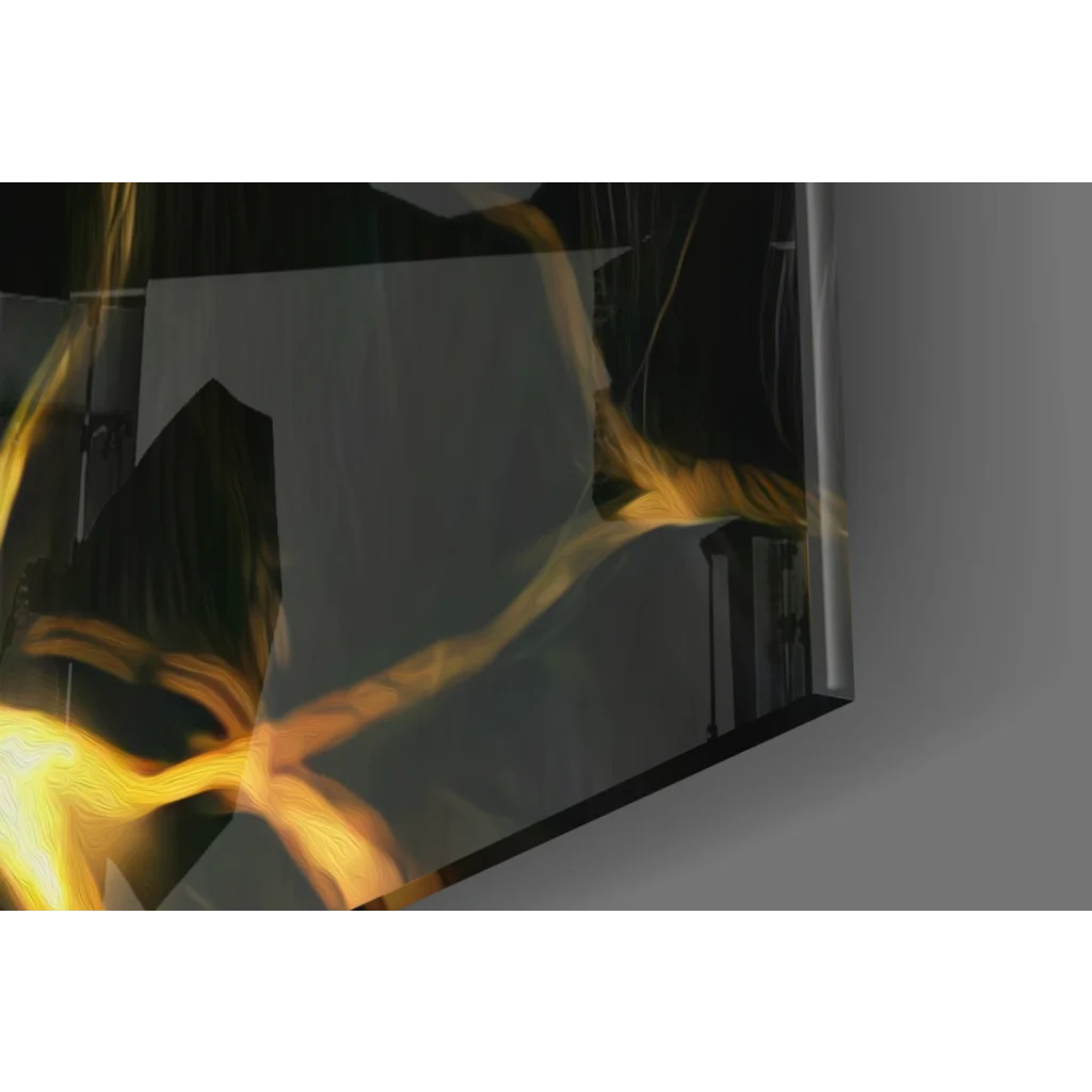 Sleek black-framed Electrified Lion glass wall art with golden lightning strikes