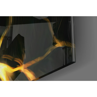 Sleek black-framed Electrified Lion glass wall art with golden lightning strikes