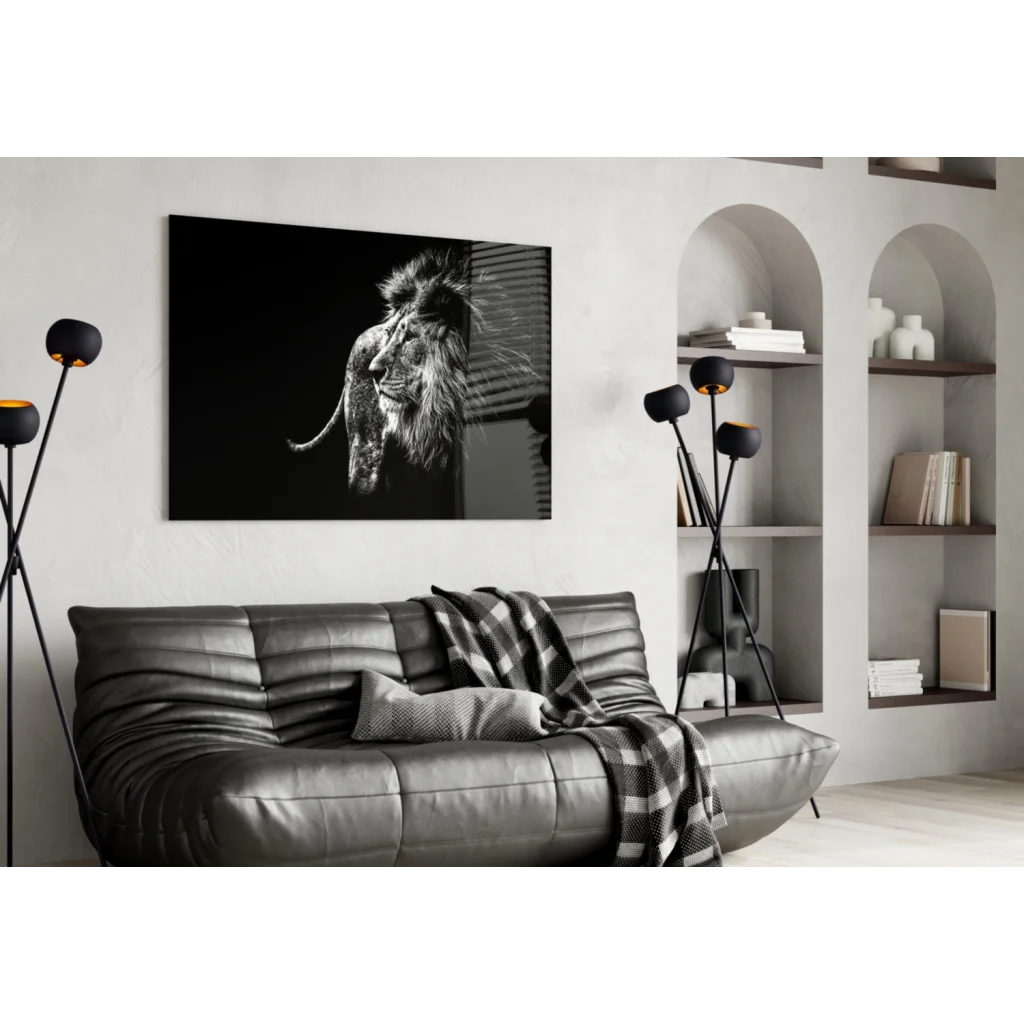 Striking black-and-white lion portrait glass wall art on canvas