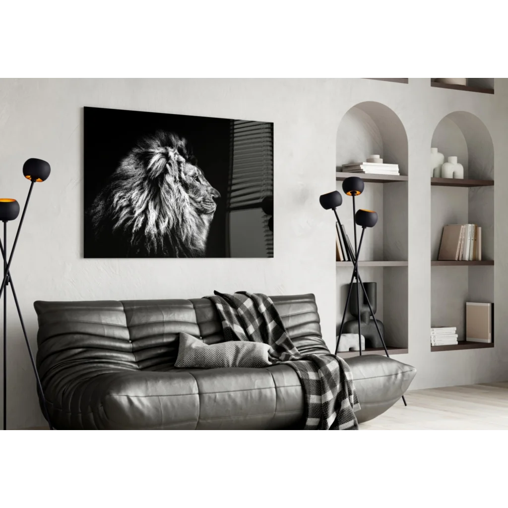 Black and white lion head canvas wall art mounted on wall