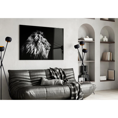 Black and white lion head canvas wall art mounted on wall