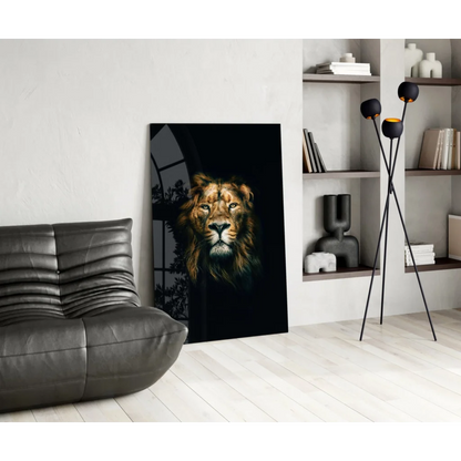 Majestic lion glass wall art with golden details and intense eyes