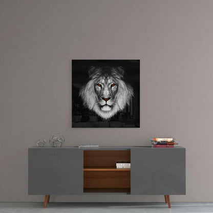 Fierce Lion Glass Wall Art with Glowing Orange Eyes | Contemporary Home Wall Art | vintageantiquesgifts.com
