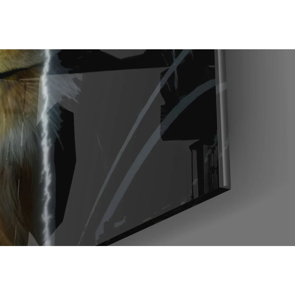 Majestic Lion Cross glass wall art with sleek black frame and glowing abstract streaks