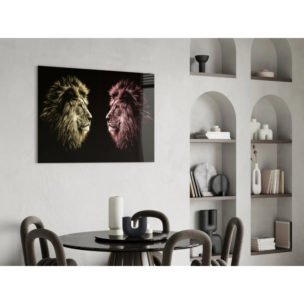 Stunning glass wall art of two lion heads in gold and magenta on black