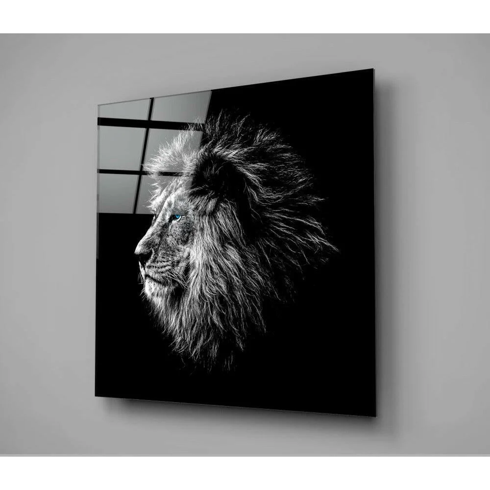Majestic lion profile in black-and-white glass wall art with sleek frame