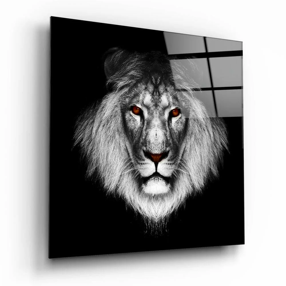 Fierce Lion Glass Wall Art with Glowing Orange Eyes | Insigneart USA | vintageantiquesgifts.com