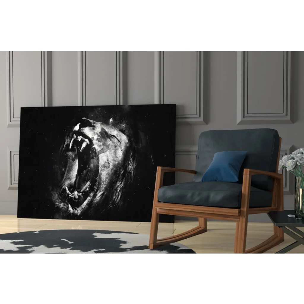 Black and white roaring lion head canvas wall art print